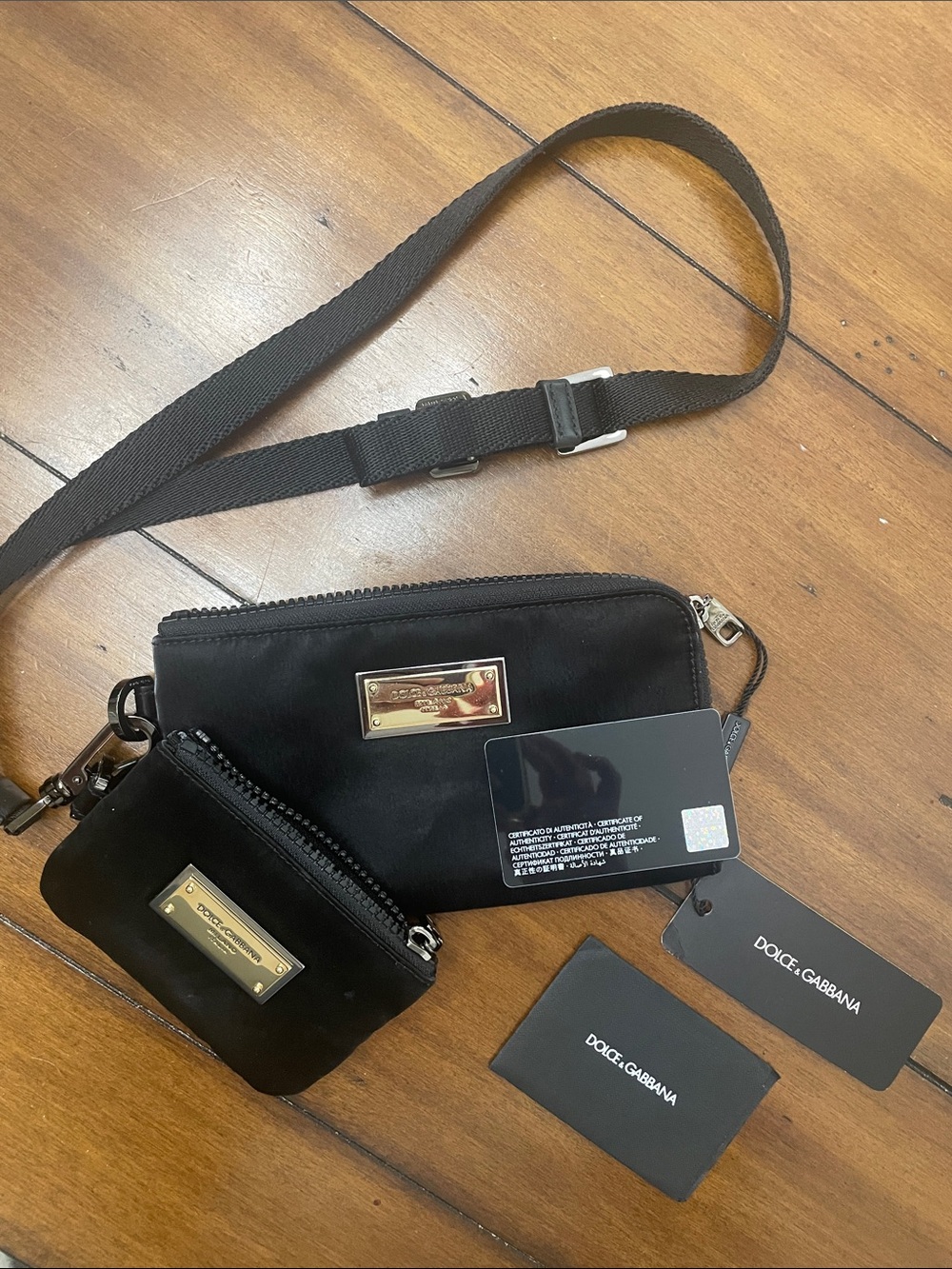 Dolce & Gabbana Black Nylon Crossbody with 2 Pouch’s and Gold Plates. Unisex.